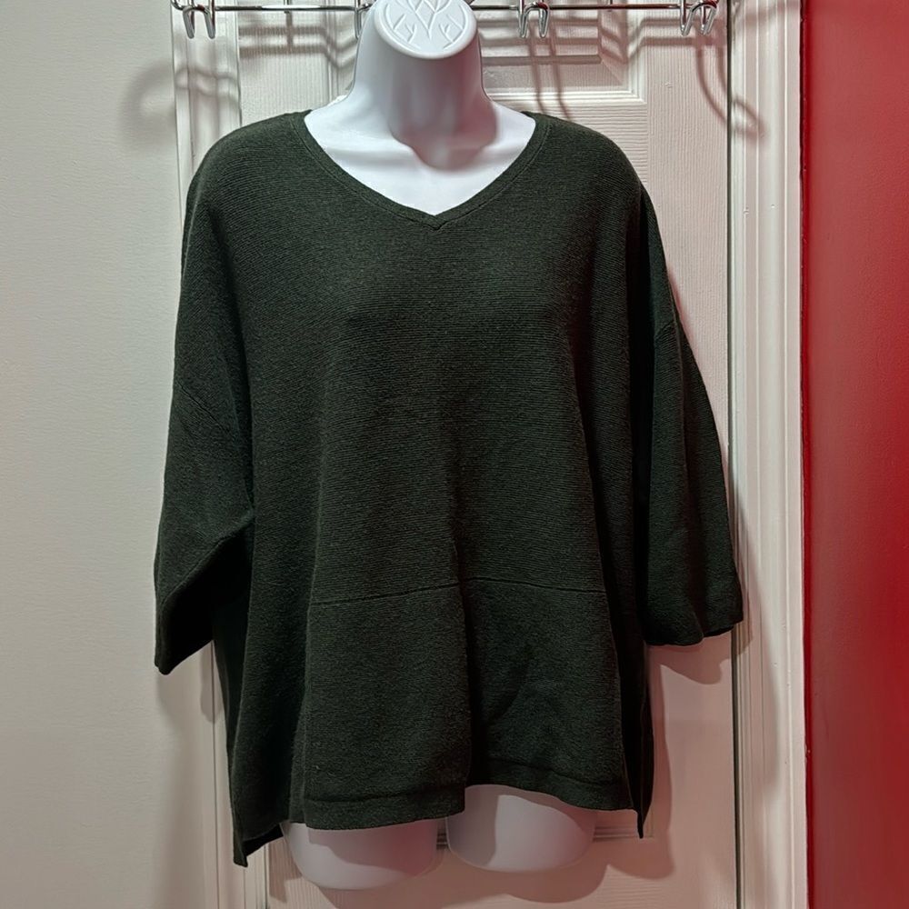 Pure Jill V-Neck Sweater Womens Green Silk Wool Blend Kangaroo Pocket M